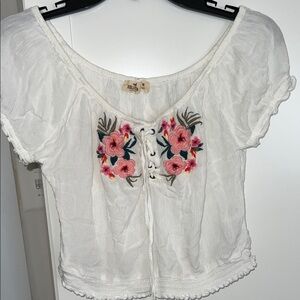 Hollister White Blouse with Pink Floral Embroidery